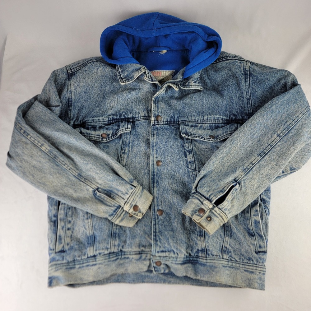 Vintage Todays News Acid Wash Denim Hooded Jacket Blue Fleece Lined 90s Trucker